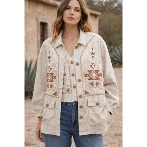 SAINT GERMAIN Vest Blazer Jacket 2 pcs Womens M Linen Embroidered Geometric USA